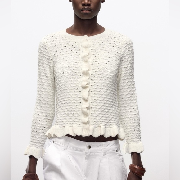 Zara Ruffled Knit Cardigan in Ecru, Size Medium - Picture 1 of 9